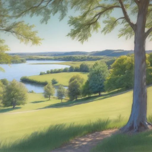 Prompt: Colourful pastel sketch from a shade tree overlooking a grassy hill leading to a small lake with trees in the background.