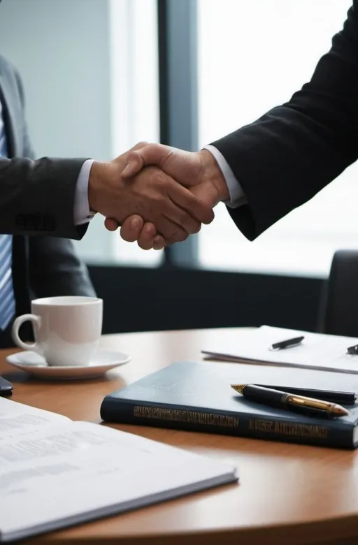 Prompt: "two business people shaking hands over a table, possibly in a meeting or a business setting. Both individuals are dressed in suits, with one person on the left side and the other on the right side of the table. They are holding hands together, demonstrating a sense of professionalism and agreement. The table is covered with various items, including a laptop, a keyboard, and a couple of pens. There is also a book on the table, possibly containing important information or reference material for their discussion. The overall atmosphere of the scene suggests a serious and focused business meeting."