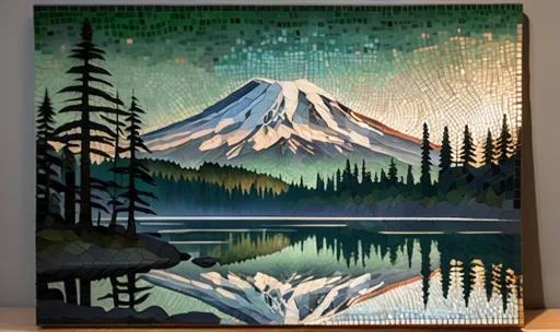 Prompt: (Mt. Rainier square mosaic), reflective lake, silhouetted pines, (gentle composition), (Japanese painting style), harmonious colors, no blues, mostly greens, tranquil atmosphere, intricate details, serene landscape, soft brushstrokes, (peaceful ambiance), sun setting behind the mountains, alluring reflections in the water, engaging visuals, (premium quality), tranquil, (vibrant earthy tones), (nature-inspired mastery).