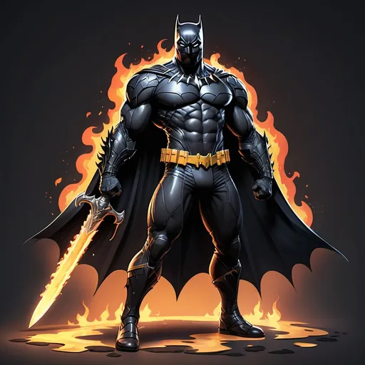 Prompt: A full body character fusion batman and black panther holding a flaming sword