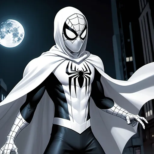 Prompt: A teen boy who is wearing a fusion of moon knight and spider man costume in a animated effect
