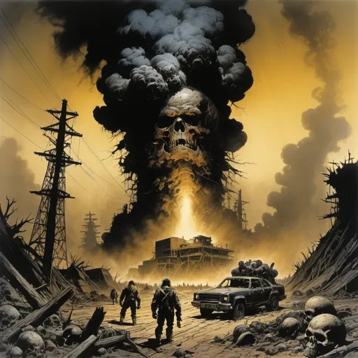 Prompt: Nuclear Apocalypse, devastated wasteland, artwork by Bernie Wrightson and Simon Bisley, dramatic lighting, smoke and dust