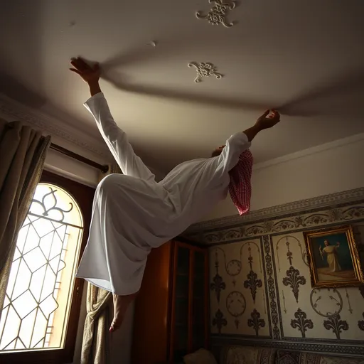 Prompt: An Arab man wearing a white robe, clinging to the ceiling, his body stuck to the ceiling above in the room, and he is in a state of terror in an Arab house.