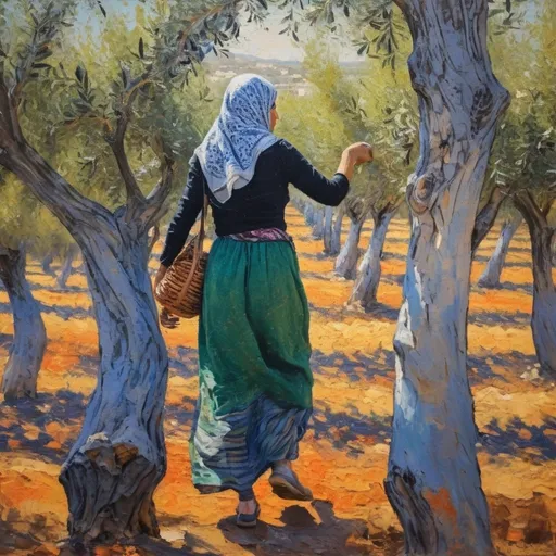 Prompt: impressionist painting of palestinian woman walking through olive grove
