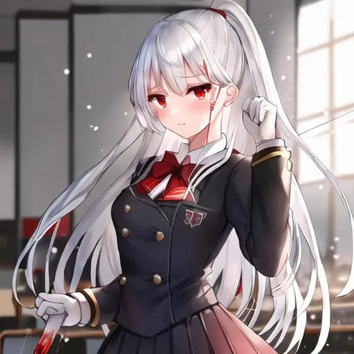 Prompt: High-quality high-detail, female, beautiful, thick, classroom, Snow-white hair, deep Red Eyes, tears, black and grey school uniform, bloody uniform, bloody kitchen knife, tall, Slender, Big chest, well Proportioned face, creepy, facing Screen.