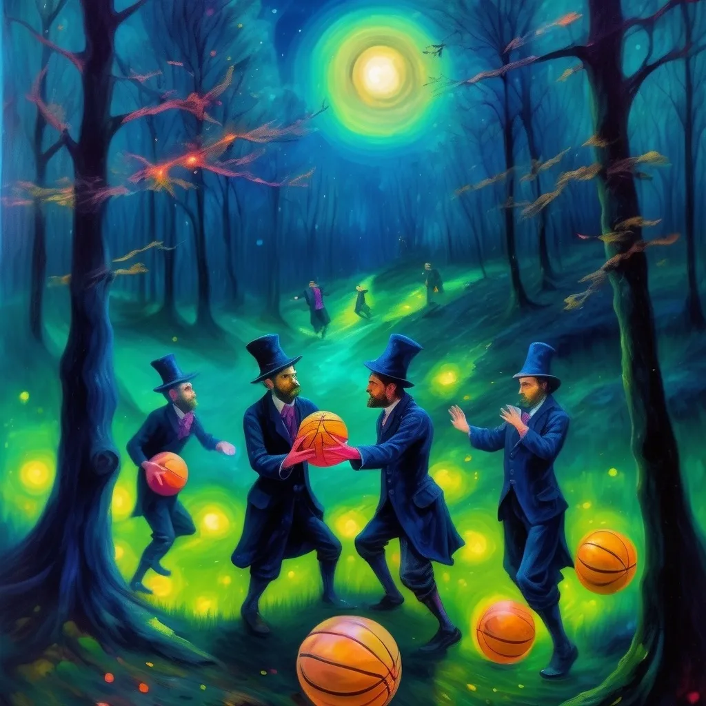 Prompt: (magicians playing basketball), lush forest setting, (dynamic scene), small hill, ground covered with moss, small creek flowing, wearing magic-themed outfits, eerie and psychedelic atmosphere, (oil painting), (Van Gogh style), surreal colors blending, twinkling lights, darker then reference.