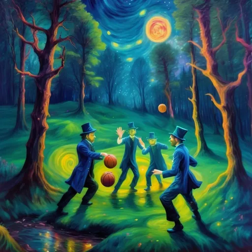 Prompt: (magicians playing basketball), lush forest setting, (dynamic scene), small hill, ground covered with moss, small creek flowing, wearing magic-themed outfits, eerie and psychedelic atmosphere, (oil painting), (Van Gogh style), surreal colors blending, twinkling lights, darker then reference.