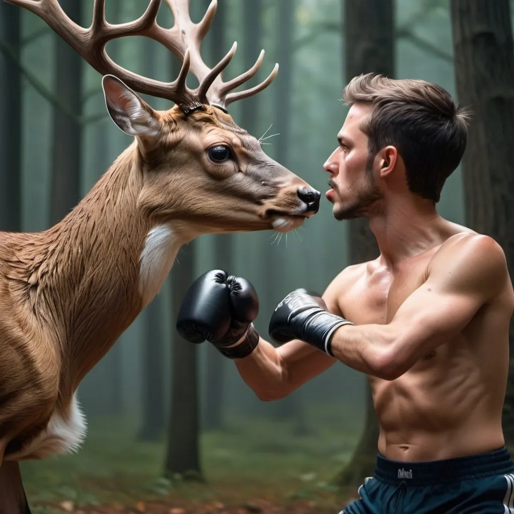 Prompt: a ultra realistic picture of a deer boxing a person 