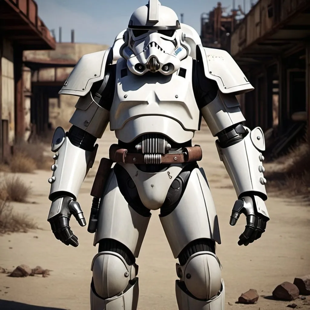 Prompt: fallout power armor themed like star wars storm trooper