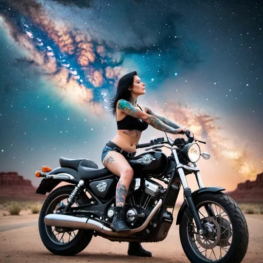 Prompt: tattooed girl on motorcycle in front of brilliant display of milky way in the background
