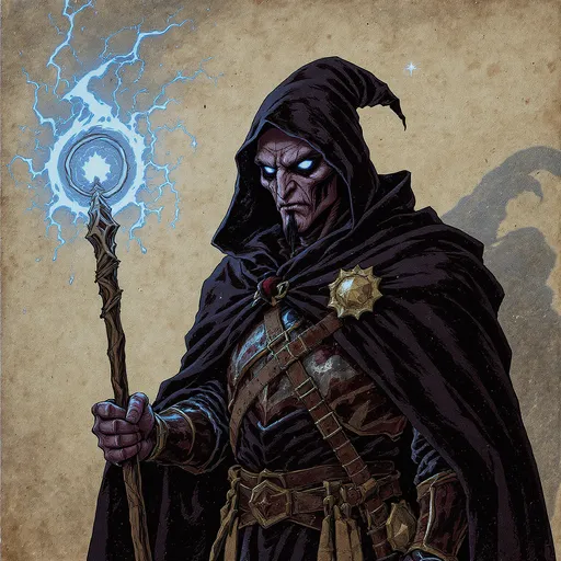 Prompt: create a medieval image of a tiefling wizard character. The character should be 5 feet tall, 110 lbs, bald with a muddy complexion, wearing leather armor with a cloak and hood, wand
 