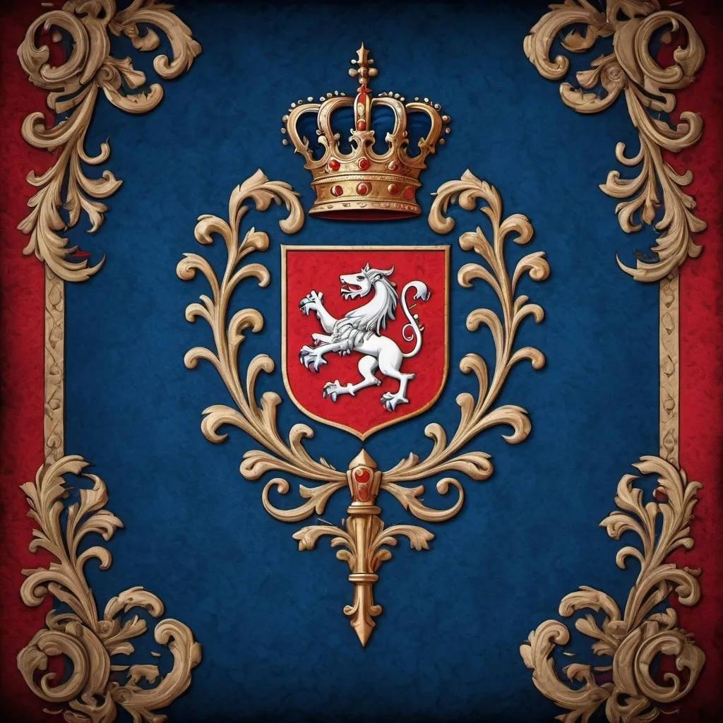 Prompt: medival flag blue and red with a H on it
