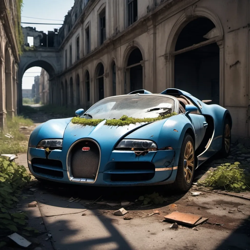 Prompt: A broken Bugatti bolide in abondoned city

