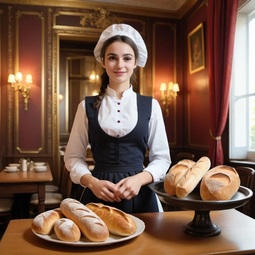 Prompt: a waitress wairing french traditional clothes and serv french bread in french traditional room