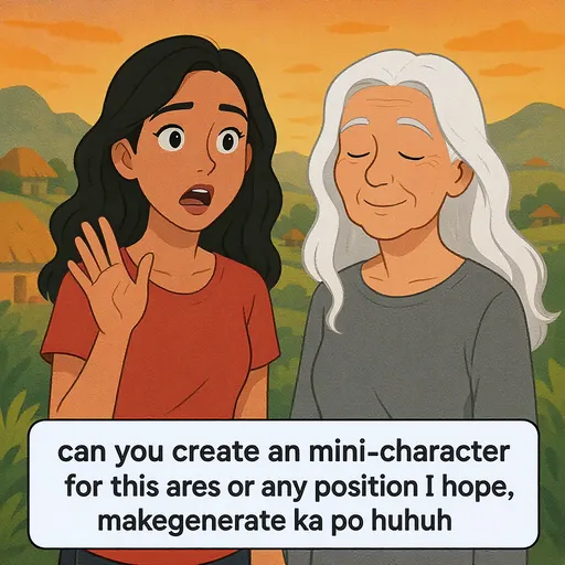 Prompt: This image is a digitally created illustration in a cartoon style. It features two characters in the foreground, set against a scenic background. On the left is a young woman with long, wavy black hair, wearing a simple red short-sleeved shirt. She has a surprised expression, with wide eyes and an open mouth, and her right hand is raised with fingers slightly spread. On the right is an older woman with long, white hair, wearing a gray long-sleeved shirt. She has a calm, gentle expression, with closed eyes and a slight smile. The background shows a lush, green landscape with rolling hills and a few small, brown thatched huts scattered throughout the scene. The sky is a warm orange, suggesting either sunrise or sunset. Below the illustration is a white text box with black, bold, sans-serif text that reads: "can you create an mini character for this and in any gestures or any position I hope, makegenerate ka na po huhuh." The overall style of the illustration is warm and inviting, with soft colors and gentle shading, creating a peaceful and friendly atmosphere.