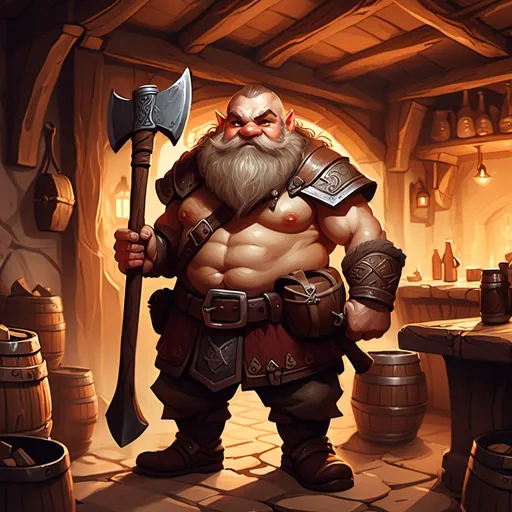 Prompt: dwarf character holding an axe in a tavern , fantasy character art, illustration, dnd, warm tone