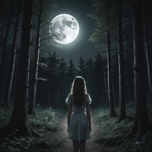 Prompt: A lonely pretty girl in a terrible forest at a full moon night.
