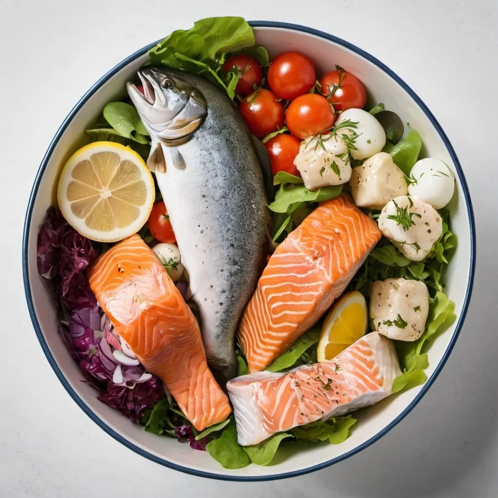 Prompt: Salmon, trout and cod in a salad bowl.