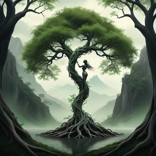Prompt: A dark surreal and ethereal fusion of human and nature, featuring two tree entwined in a mesmerizing embrace. One rugged and strong, stands tall with a serene expression, while the other tree, delicate and graceful, as if in deep contemplation. gnarled branches, with roots and branches intertwining in a dance of life and love. Lush green leaves and delicate adorn their forms, adding an elegant touch to the captivating scene. The vast mountainous landscape and striking bold fantasy background create a striking contrast,