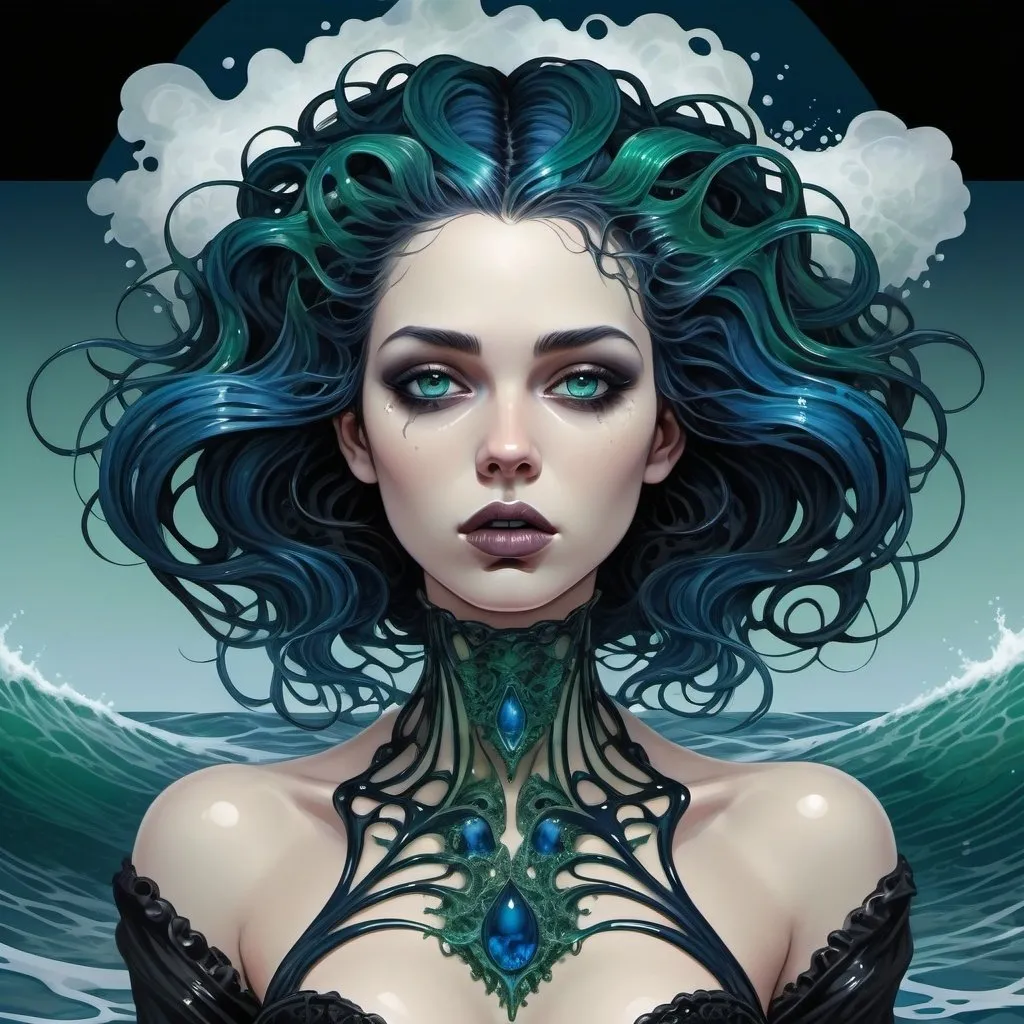 Prompt: Gothic majestic volumptuous beauty as her body rises from the waves around her covered in oil, scales of the crustaceans of the dead sea work up into her neck and face through the years, dark blue green and black tones electric blue eyes, fine detailed hair fading to black, abstract vector fractal, wave function, Hyperrealistic, splash art, concept art, gothic art, Art Nouveau punk