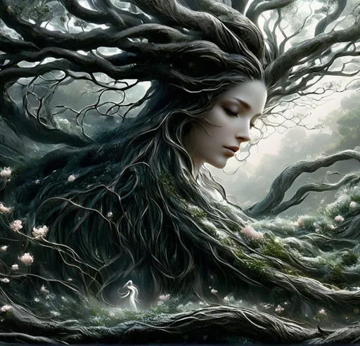Prompt: A surreal and ethereal fusion of human and nature, featuring a male and female tree entwined in a mesmerizing embrace. The male tree, rugged and strong, stands tall with a serene expression on its face, while the female tree, delicate and graceful, closes her eyes as if in deep contemplation. Their faces grow from the gnarled branches, with roots and branches intertwining in a dance of life and love. Lush green leaves and delicate pale pink blossoms adorn their forms, adding an elegant touch to the captivating scene. The vast open landscape and clear blue sky in the background create a striking contrast, prompting viewers to ponder the boundaries between the human and natural world.