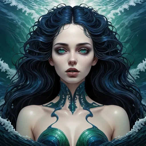 Prompt: Gothic majestic volumptuous beauty as her body rises from the waves around her covered in oil, scales of the crustaceans of the dead sea work up into her neck and face through the years, dark blue green and black tones electric blue eyes, fine detailed hair fading to black, abstract vector fractal, wave function, Hyperrealistic, splash art, concept art, gothic art, Nouveau grungy texture overlay