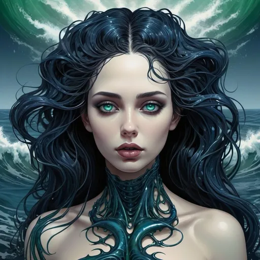 Prompt: Gothic majestic volumptuous beauty as her body rises from the waves around her covered in oil, scales of the crustaceans of the dead sea work up into her neck and face through the years, dark blue green and black tones electric blue eyes, fine detailed hair fading to black, abstract vector fractal, wave function, Hyperrealistic, splash art, concept art, gothic art, Nouveau grungy texture overlay