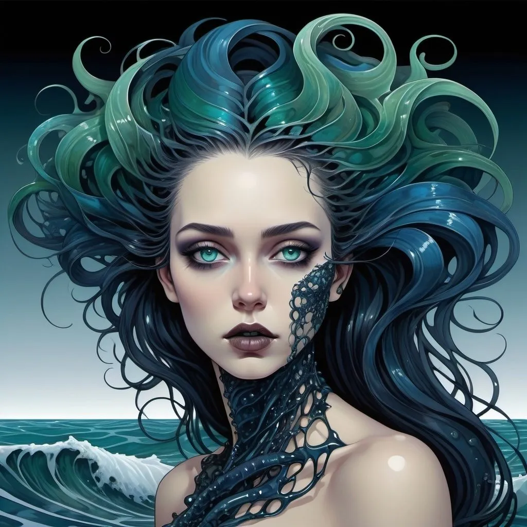 Prompt: Gothic majestic volumptuous beauty as her body rises from the waves around her covered in oil, scales of the crustaceans of the dead sea work up into her neck and face through the years, dark blue green and black tones electric blue eyes, fine detailed hair fading to black, abstract vector fractal, wave function, Hyperrealistic, splash art, concept art, gothic art, Art Nouveau punk