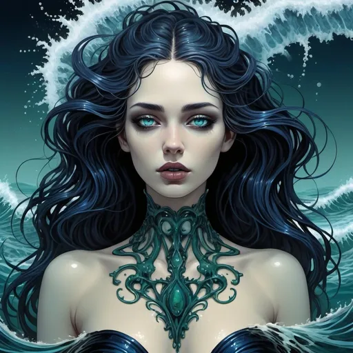 Prompt: Gothic majestic volumptuous beauty as her body rises from the waves around her covered in oil, scales of the crustaceans of the dead sea work up into her neck and face through the years, dark blue green and black tones electric blue eyes, fine detailed hair fading to black, abstract vector fractal, wave function, Hyperrealistic, splash art, concept art, gothic art, Nouveau grungy texture overlay