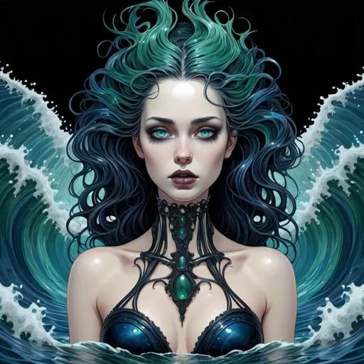 Prompt: Gothic majestic volumptuous beauty as her body rises from the waves around her covered in oil, scales of the crustaceans of the dead sea work up into her neck and face through the years, dark blue green and black tones electric blue eyes, fine detailed hair fading to black, abstract vector fractal, wave function, Hyperrealistic, splash art, concept art, gothic art, Art Nouveau punk