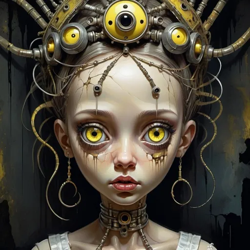 Prompt: a doll with yellow eyes, a surrealist horror painting, big eyes, pop surrealism, cybernetic tiara tubes coming out from under the hair, disease, decay, cracked face, beautiful artwork illustration, dirty textures, professional ominous concept art, intricate, elegant, highly detailed digital painting, concept art, smooth, sharp focus