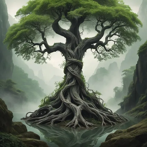 Prompt: A dark surreal and ethereal fusion of human and nature, featuring two tree entwined in a mesmerizing embrace. One rugged and strong, stands tall with a serene expression, while the other tree, delicate and graceful, as if in deep contemplation. gnarled branches, with roots and branches intertwining in a dance of life and love. Lush green leaves and delicate adorn their forms, adding an elegant touch to the captivating scene. The vast mountainous landscape and striking bold fantasy background create a striking contrast,