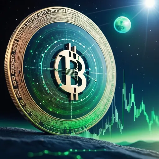 Prompt: a bitcoin positioned  middle right
side  of the picture with a futuristic moving average chart. majestic Blue and green surroundings with a visible universe and moon from earth.


