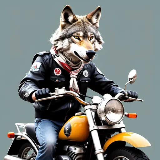 Prompt: Make a image of a wolf on a motorbike with a scouting scraf around his neck