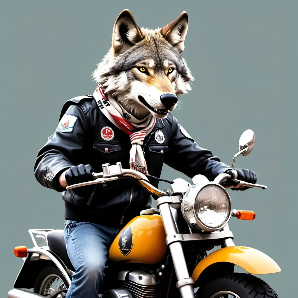 Prompt: Make a image of a wolf on a motorbike with a scouting scraf around his neck