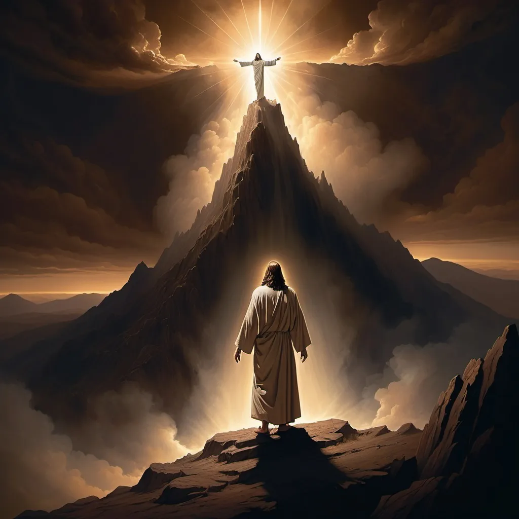 Prompt: jesus bajando completamente iluminado en medio del apocalispsis, un hombre  lo espera en una montaña en medio de una oscuridad marrón y al lado el espíritus de su madre HABLANDOLE

