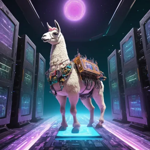 Prompt: A Mechanical Llama running on top of a godly GPU Server from another dimension. The image should be colourful, bright and must transcend the universe.