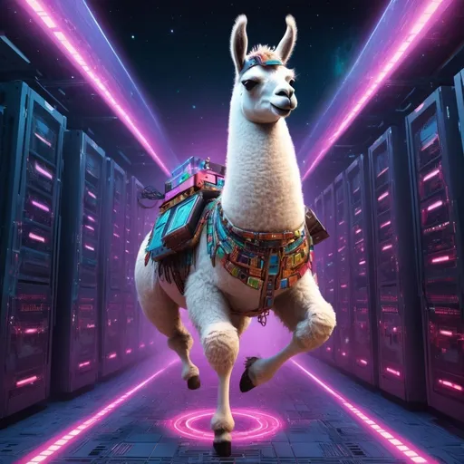 Prompt: A Mechanical Llama running on top of a godly GPU Server from another dimension. The image should be colourful, bright and must transcend the universe.