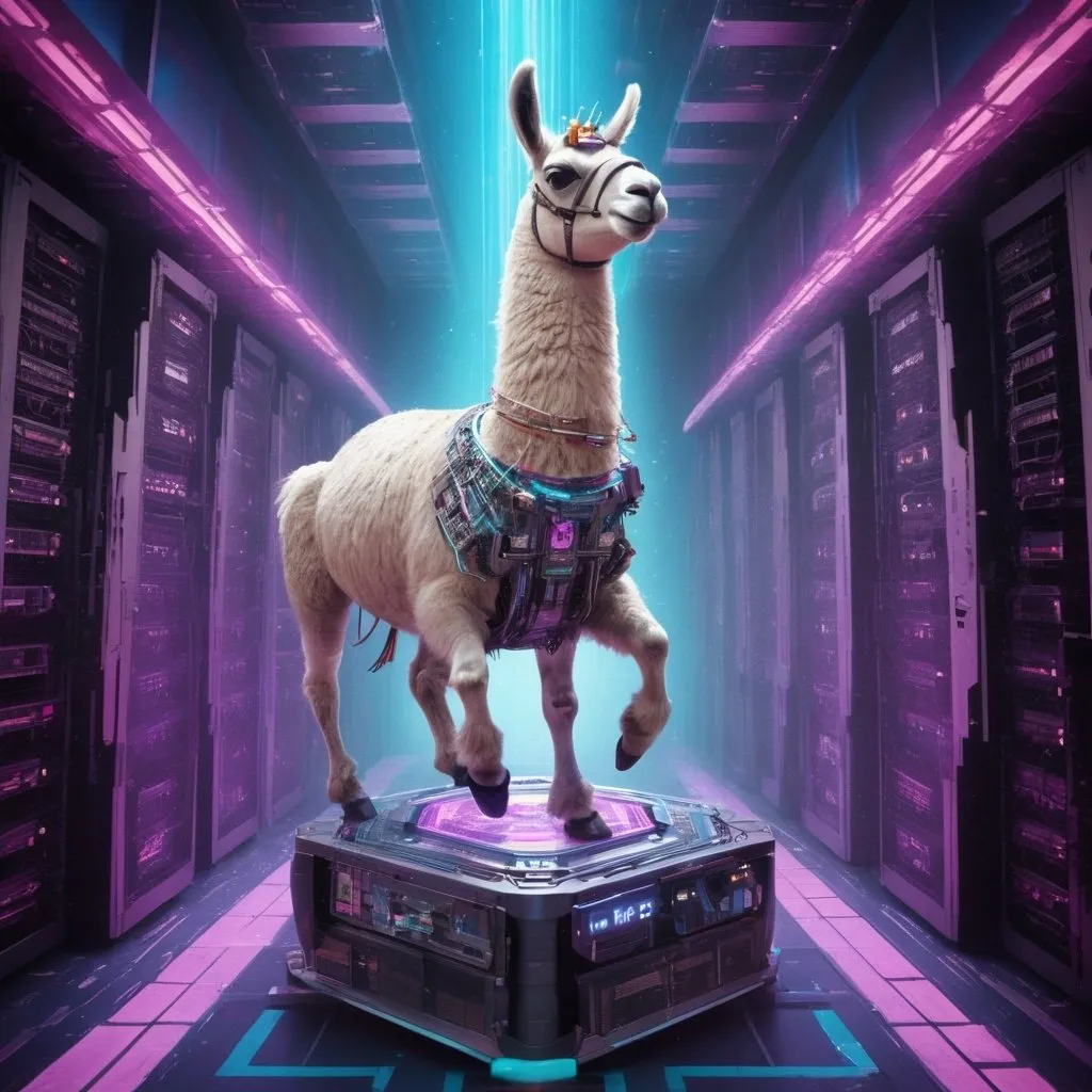 Prompt: A Mechanical Llama running on top of a godly GPU Server from another dimension. The image should be colourful, bright and must transcend the universe.