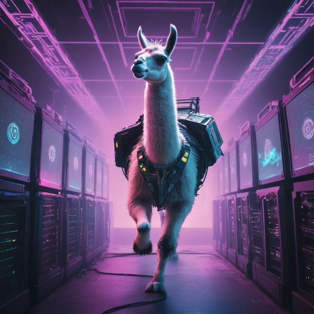 Prompt: A CyberPunk Llama running on top of a godly GPU Server from another dimension. The image should be colourful, bright and must transcend the universe.