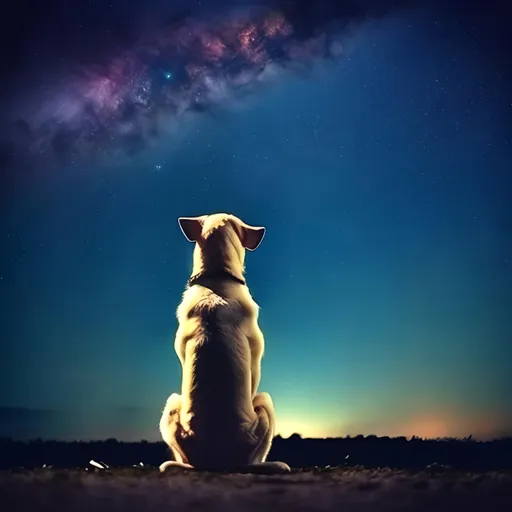 Prompt: Stray dog, looks at the stars, gives them names, sad