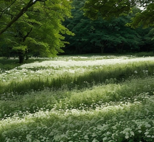 Prompt: A forest of cream and green flowers