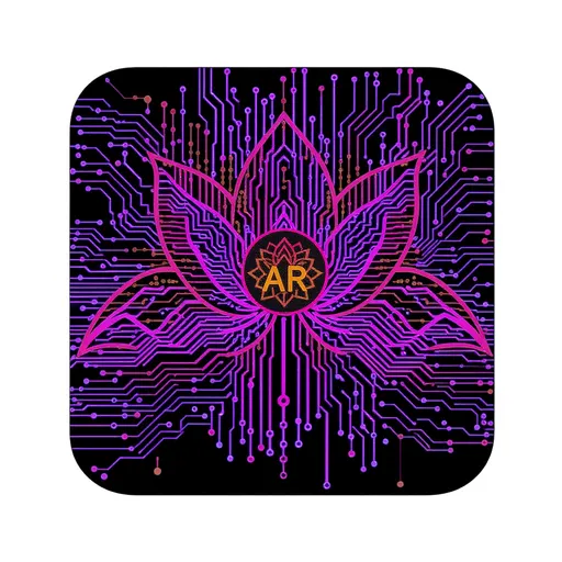 Prompt: Minimal front icon with hidden AR pattern: small front emblem (lotus + circuit) that scans with phone to reveal full neon mural, simple visible artwork for printing, include a small unobtrusive marker for AR scan, high contrast, vector-like, 300 DPI, transparent background, print-ready.
