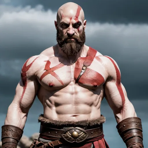 Prompt: Hugh jackmaman as kratos with strong shoulders and strong chest and abs