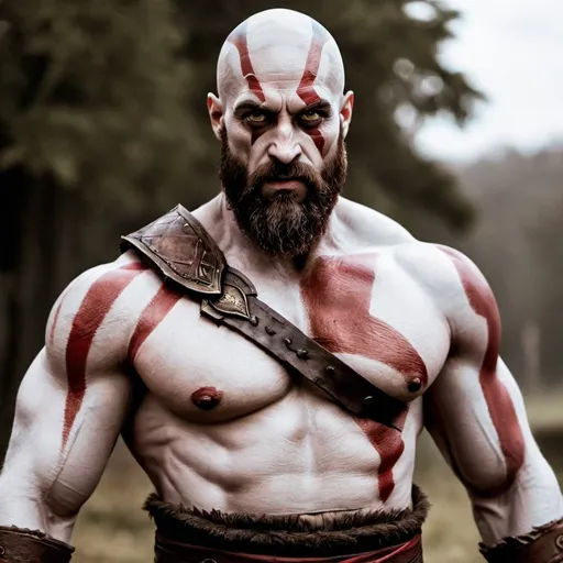 Prompt: Hugh jackmaman as kratos with strong shoulders and strong chest and abs