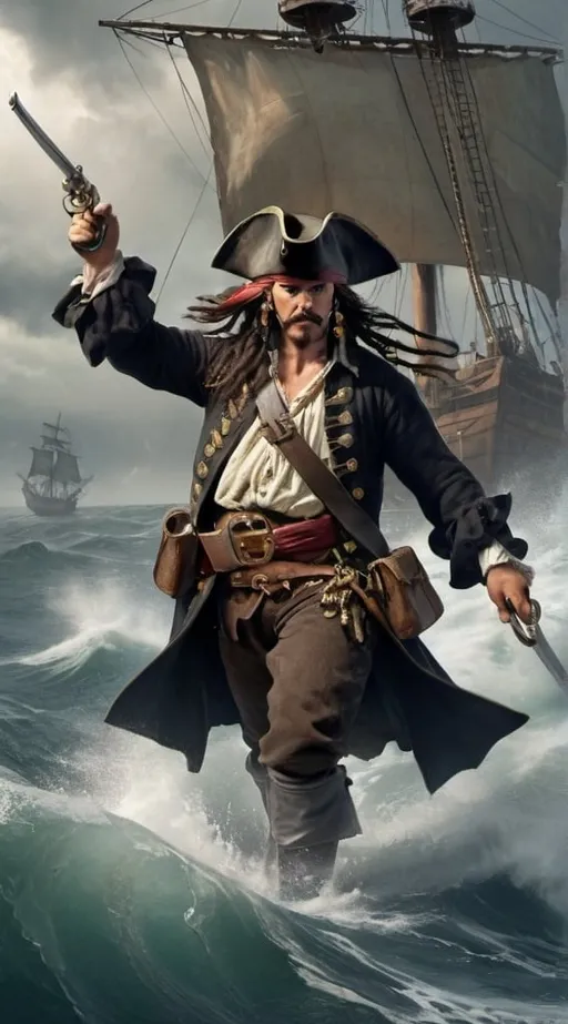 Prompt:  The image depicts a pirate in a stormy sea, wielding a sword and a flintlock pistol, with a large sailing ship in the background, sailing in rough waters.