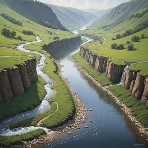 Prompt: Realism, rivers lapping down hill, into a valley, lots of water, calm, 
