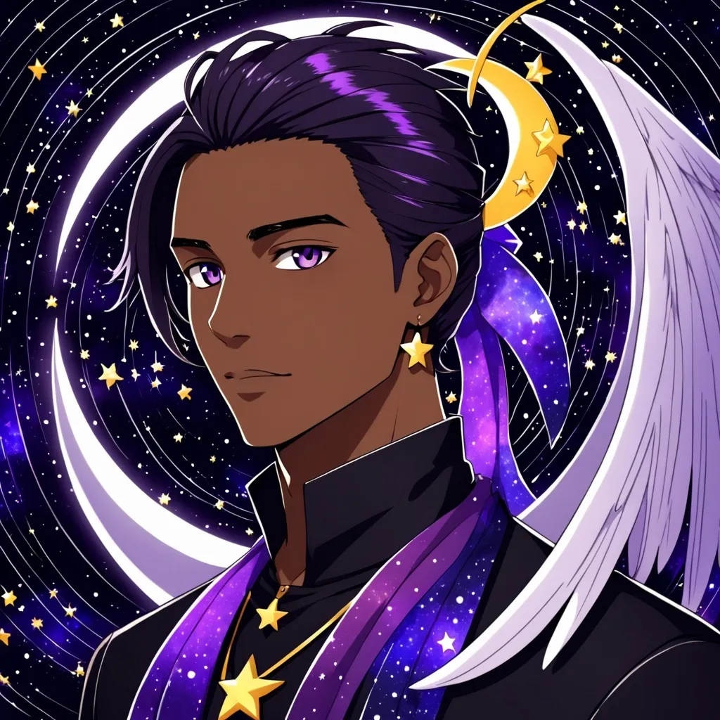 Prompt: anime style, medium dark skinned man, in his 20's, very handsome, dark purple eyes which appear to have stars in them, long very dark purple hair which appear to have stars  in them tied in a ponytail, big beautiful wings which are a beautiful mix of black and purple (looks sort of like space) which appear to have stars in them, a crescent moon shaped ornament in his hair which acts like a rubberband holding his ponytail, no beard