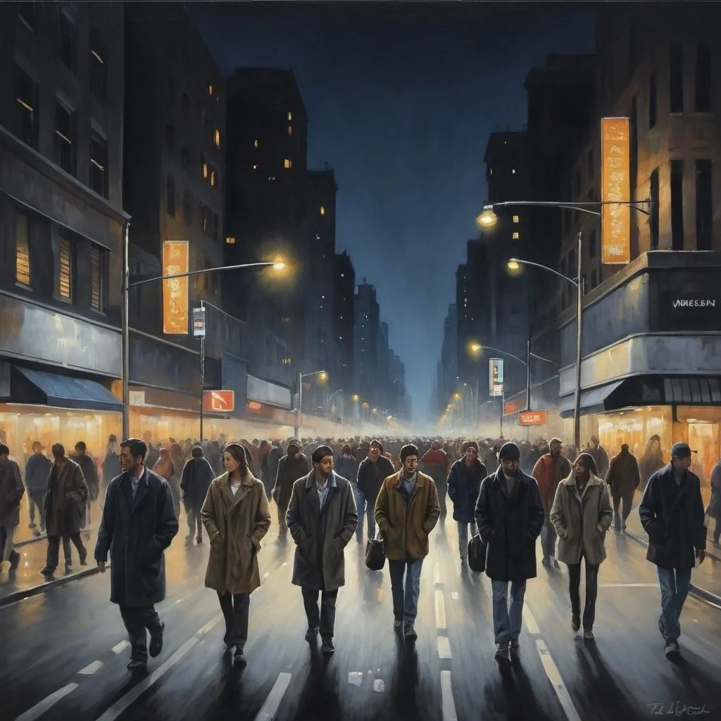 Prompt: Realism, people walking, busy road, night, busy city, unpleasant sound, people rushing without waiting for anything, people walking on random directions in the road
