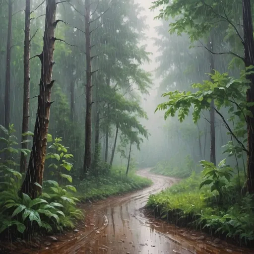 Prompt: Realism, Rain falling gracefully in a forest, smell of rain,